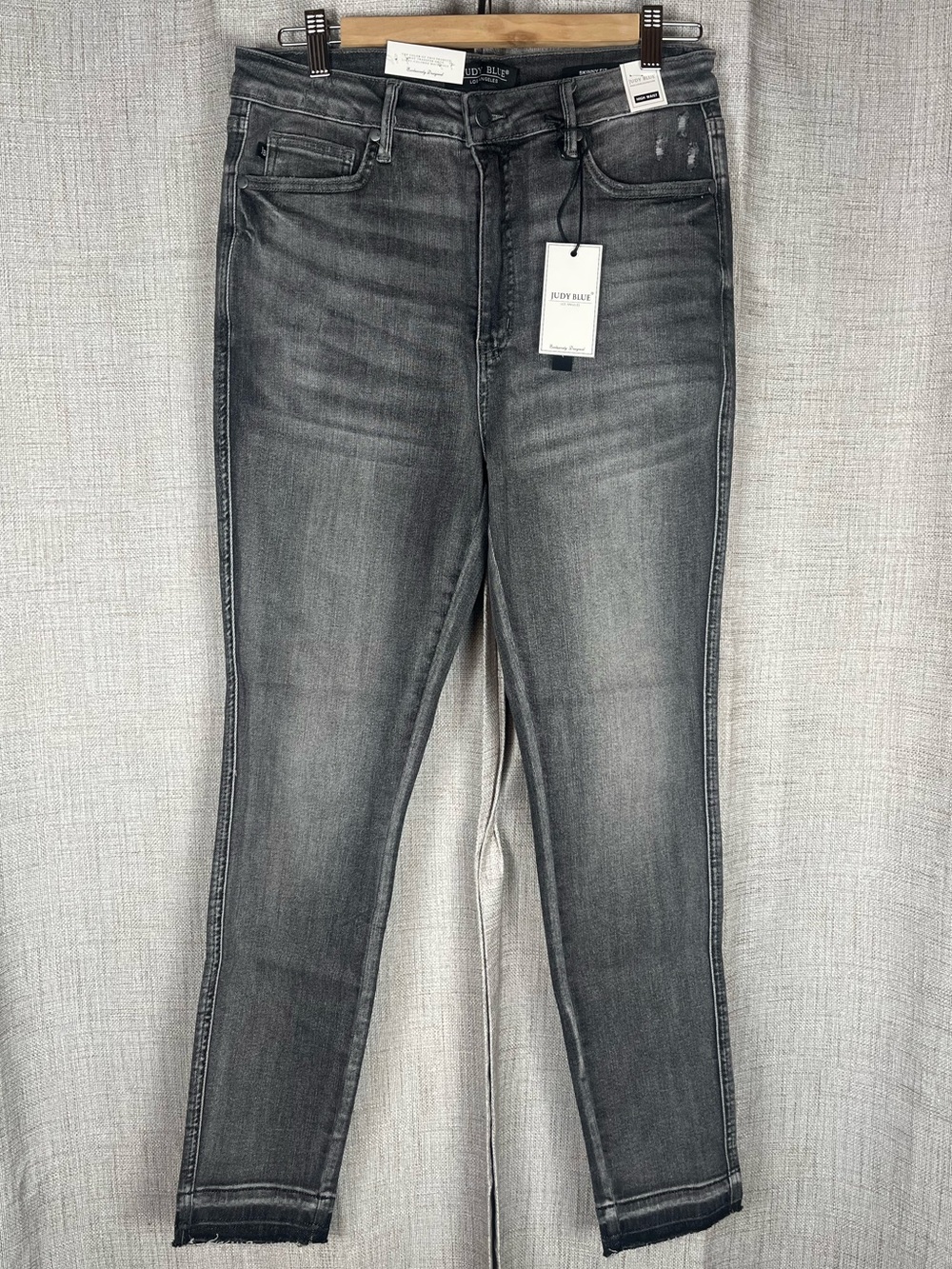 JUDY BLUE High Waist Gray Denim Jeans 11/30 Distressed Tummy Control Raw Hem NWT